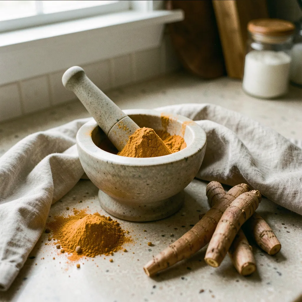 Kitchen counter scene with organized spice containers