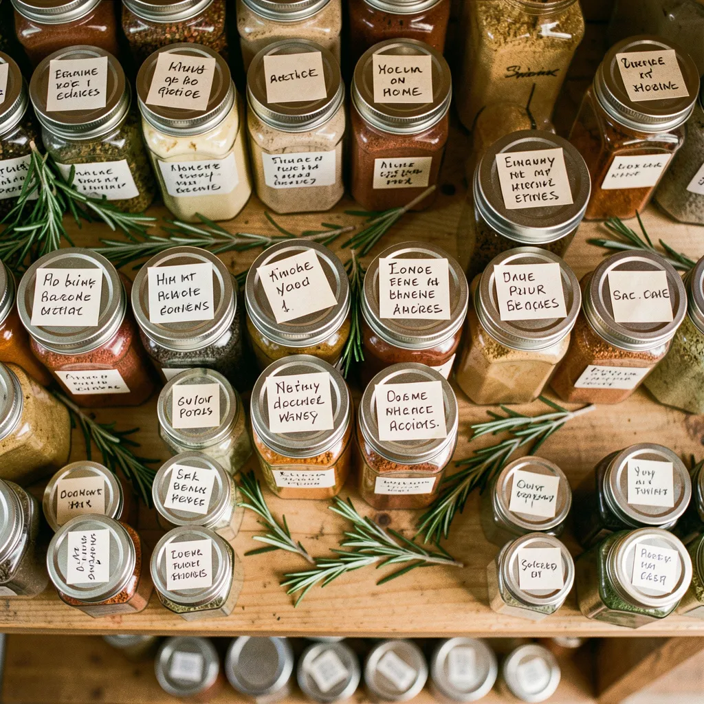 Overhead view of spice jars in natural setting